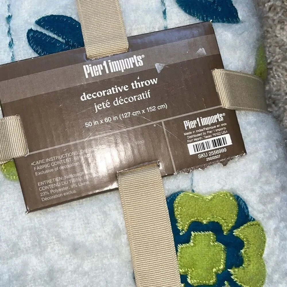 New Pier 1 Imports Embroidered Floral Birds Wool Blend Decorative Throw 50